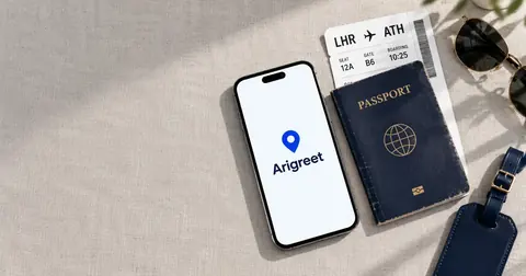 Passport, boarding pass and a phone showing a Greet