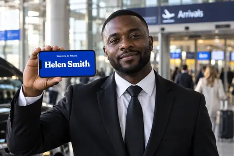 A driver holding up a phone greeting board at Arrivals